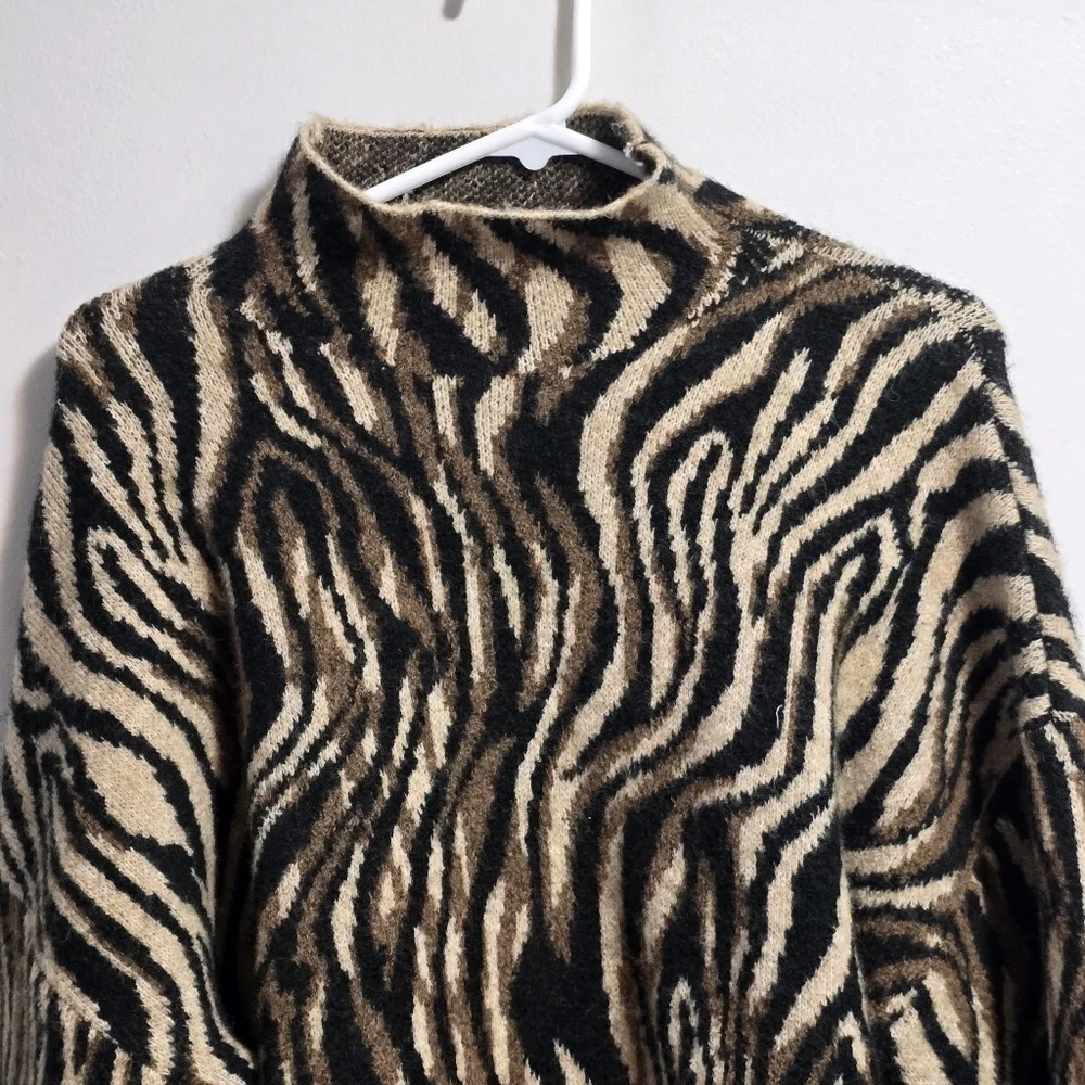 Zara Zebra Print Funnel Neck Knit Blend  Sweater - Picture 2 of 7